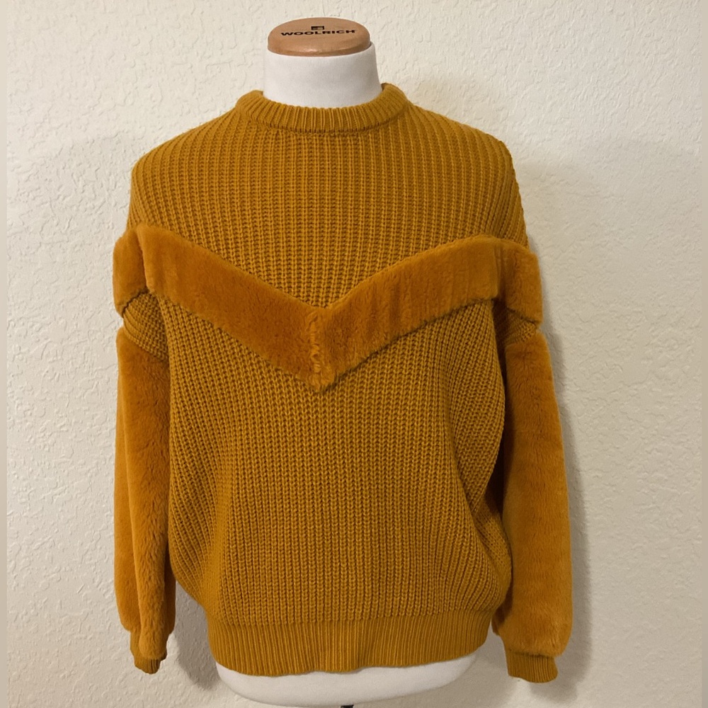 Guess Yellow Crewneck Sweater with Faux Fur Detailing